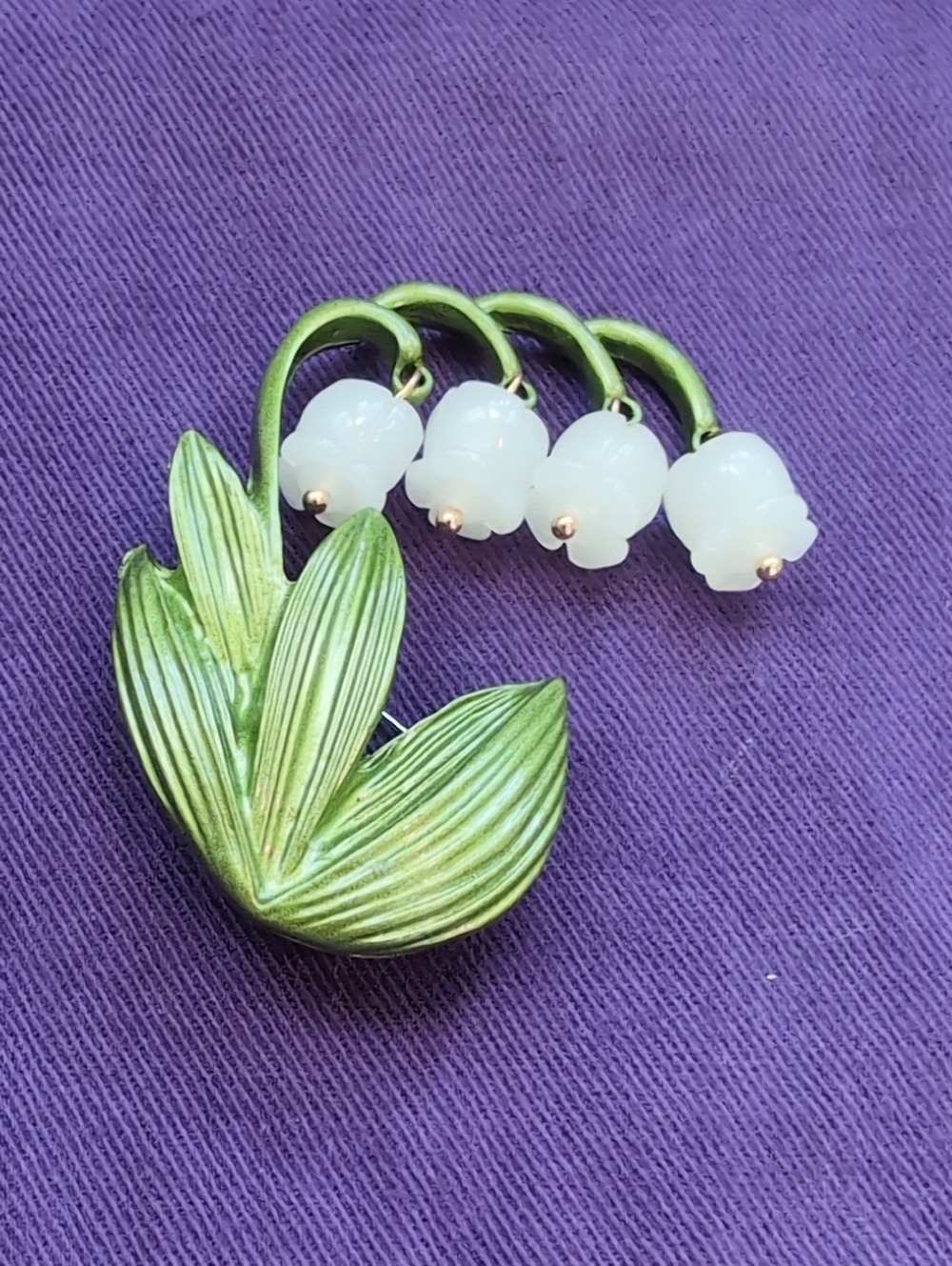 Green Enamel Lily-of-the-Valley Brooch with White Blooms